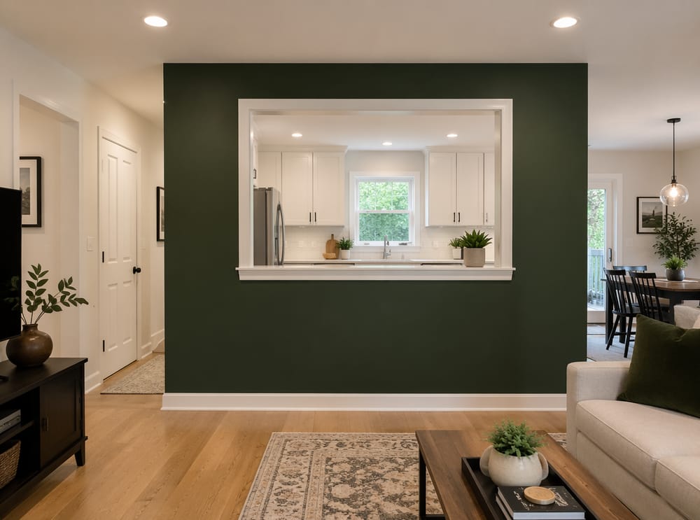 Partial wall with framed opening to kitchen beyond