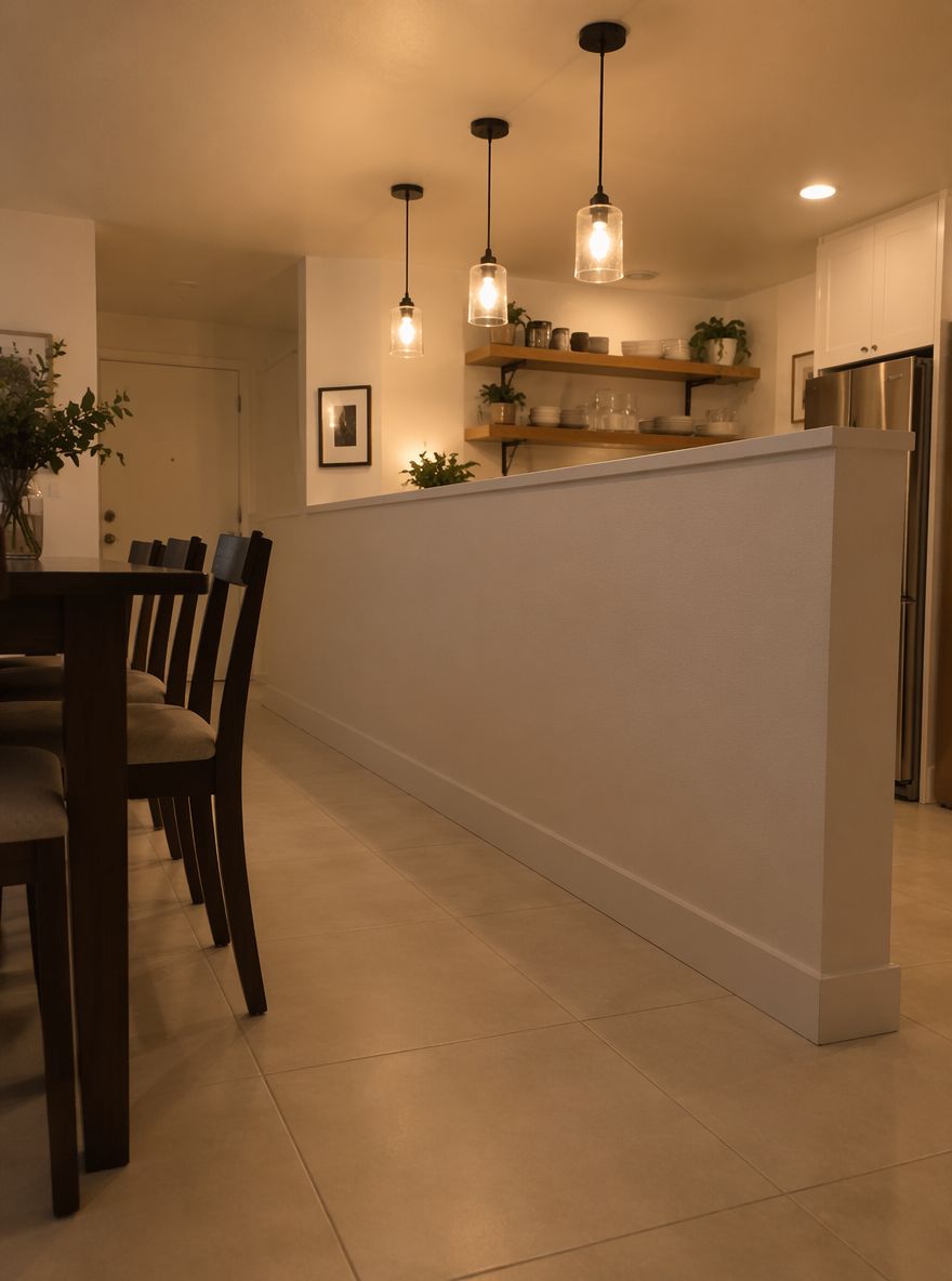 Pendants above a half-wall marking the dining boundary