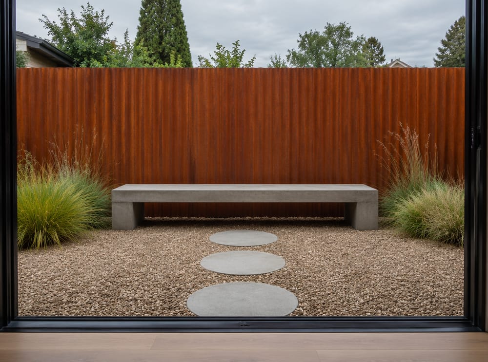 Corten-stålhegn med betonbænk foran