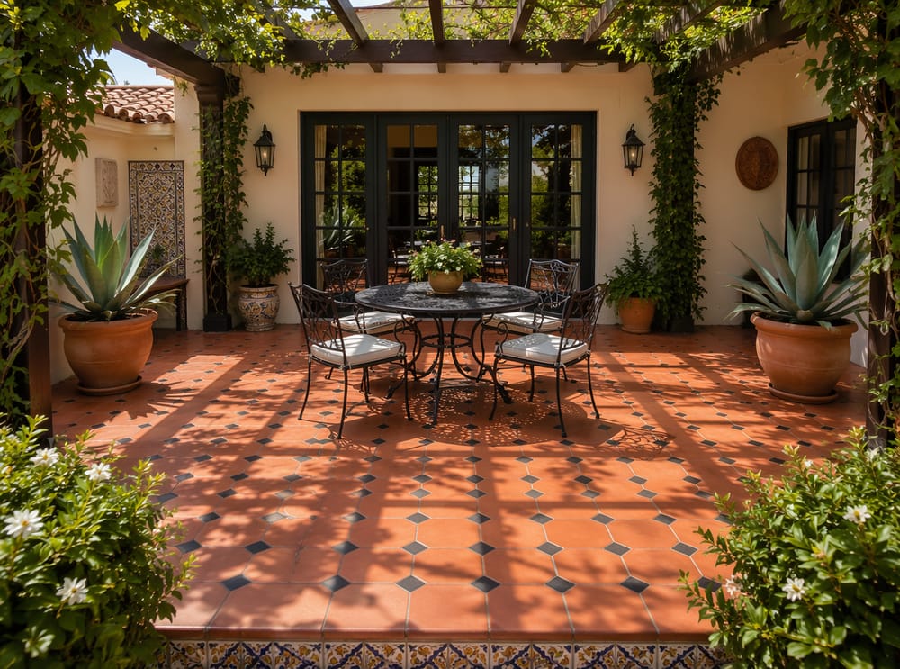 Patio mediterráneo de baldosa octagonal de terracota