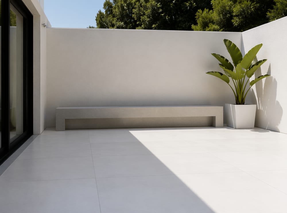 Patio minimalista de loseta de concreto blanco con banca de concreto