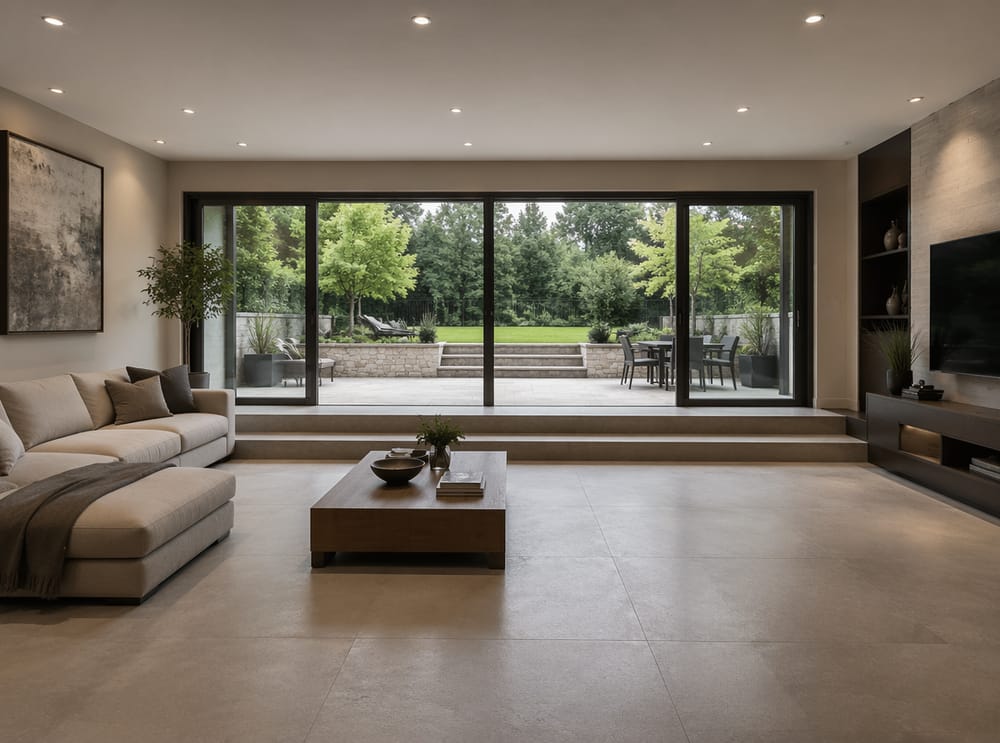 Plataforma de porcelana en varios niveles bajando hacia el patio