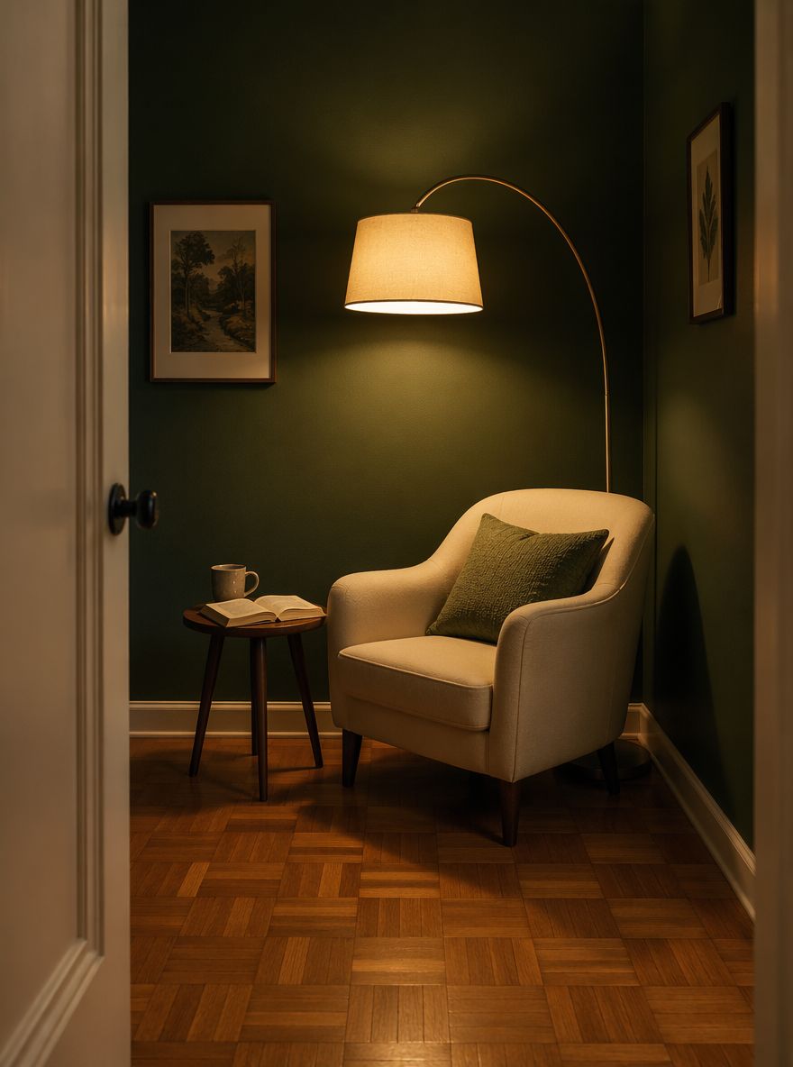 Lámpara de arco sobre silla de lectura en esquina verde