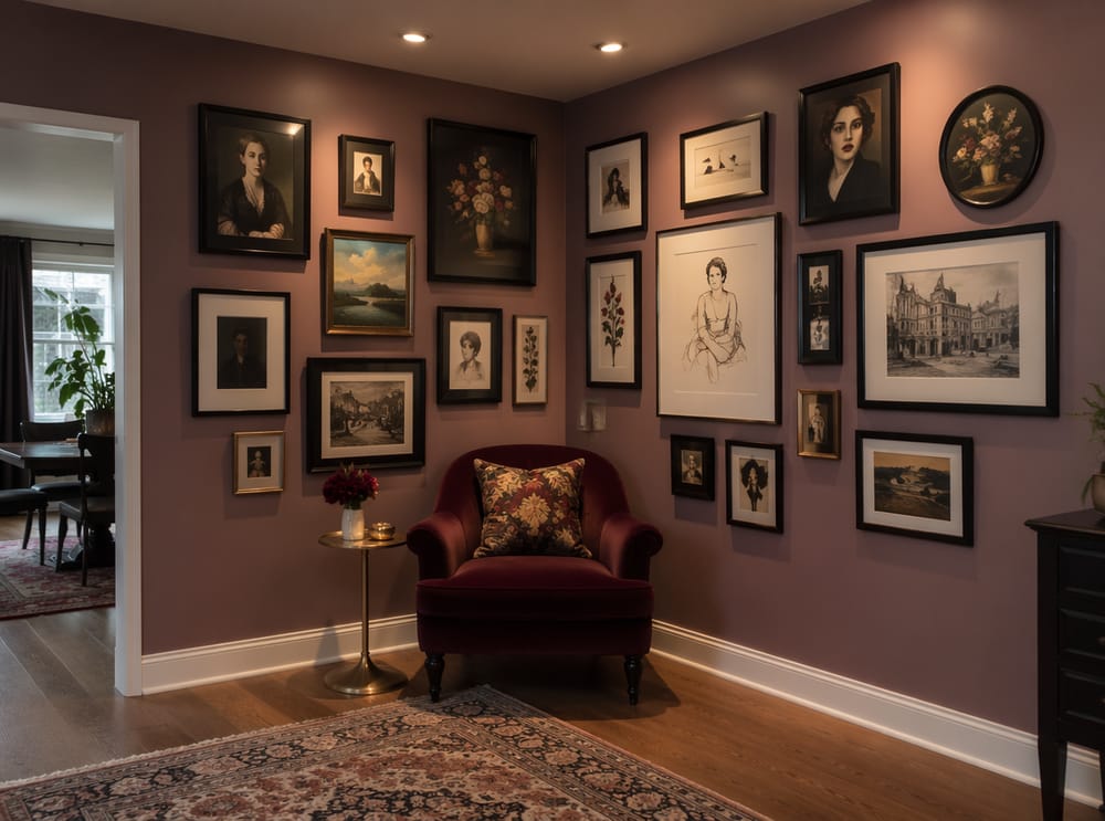 Pared de galería estilo salón rodeando la esquina