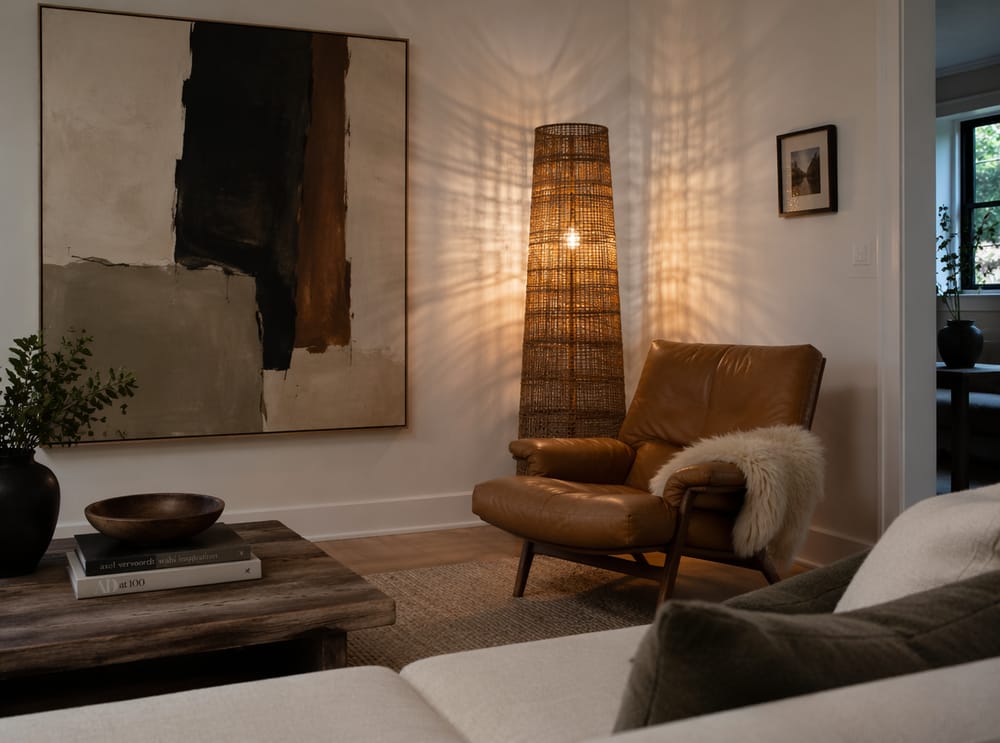 Lámpara de ratán proyectando sombras junto a silla lounge de cuero