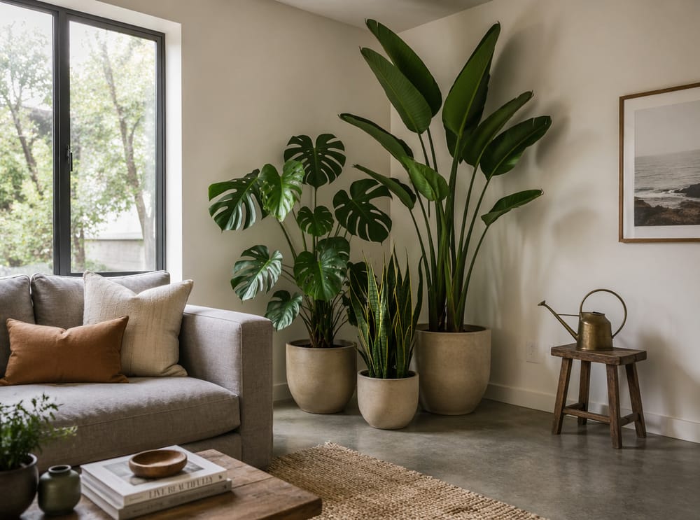 Tres plantas grandes agrupadas en esquina de concreto pulido