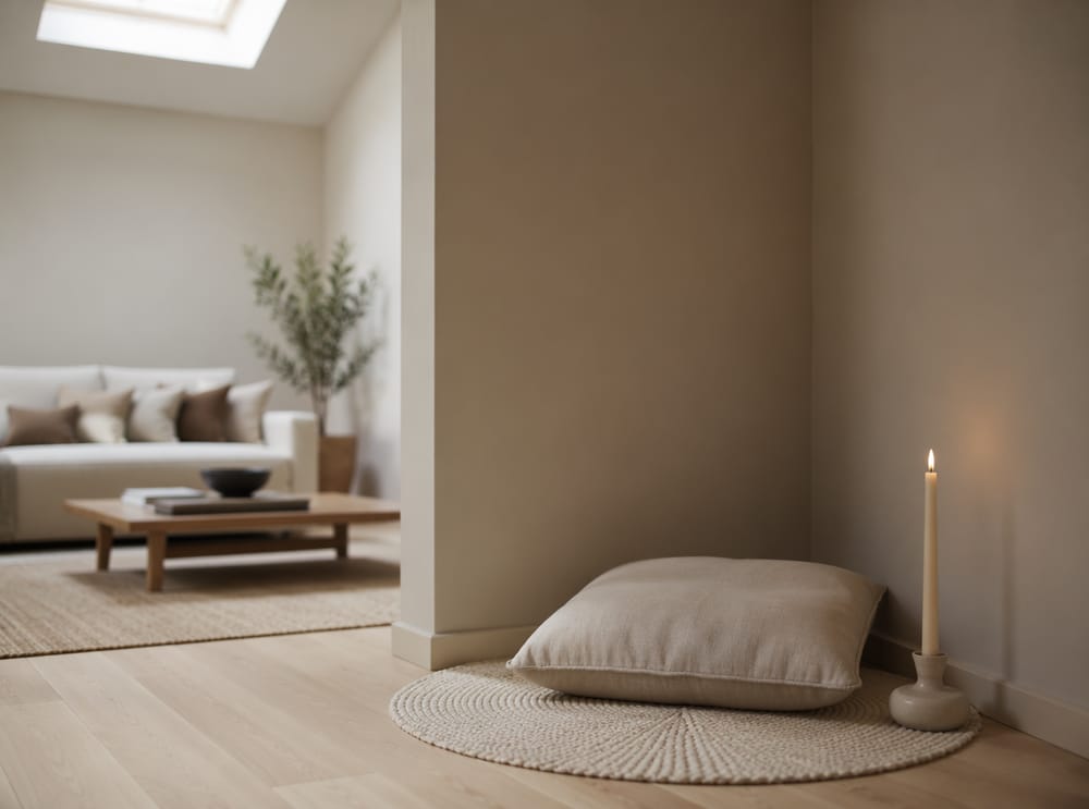 Rincón minimalista con cojín de piso y vela