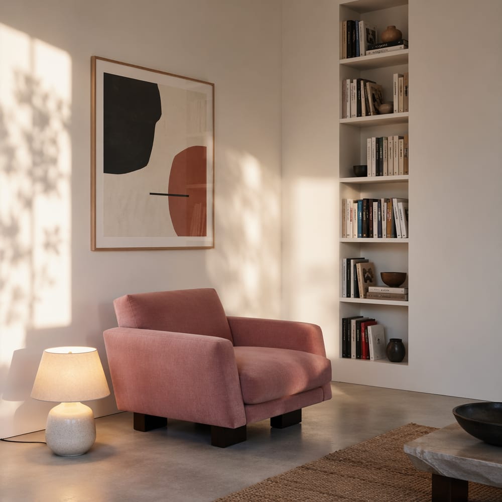 Sillón en diagonal entre librero y obra de arte