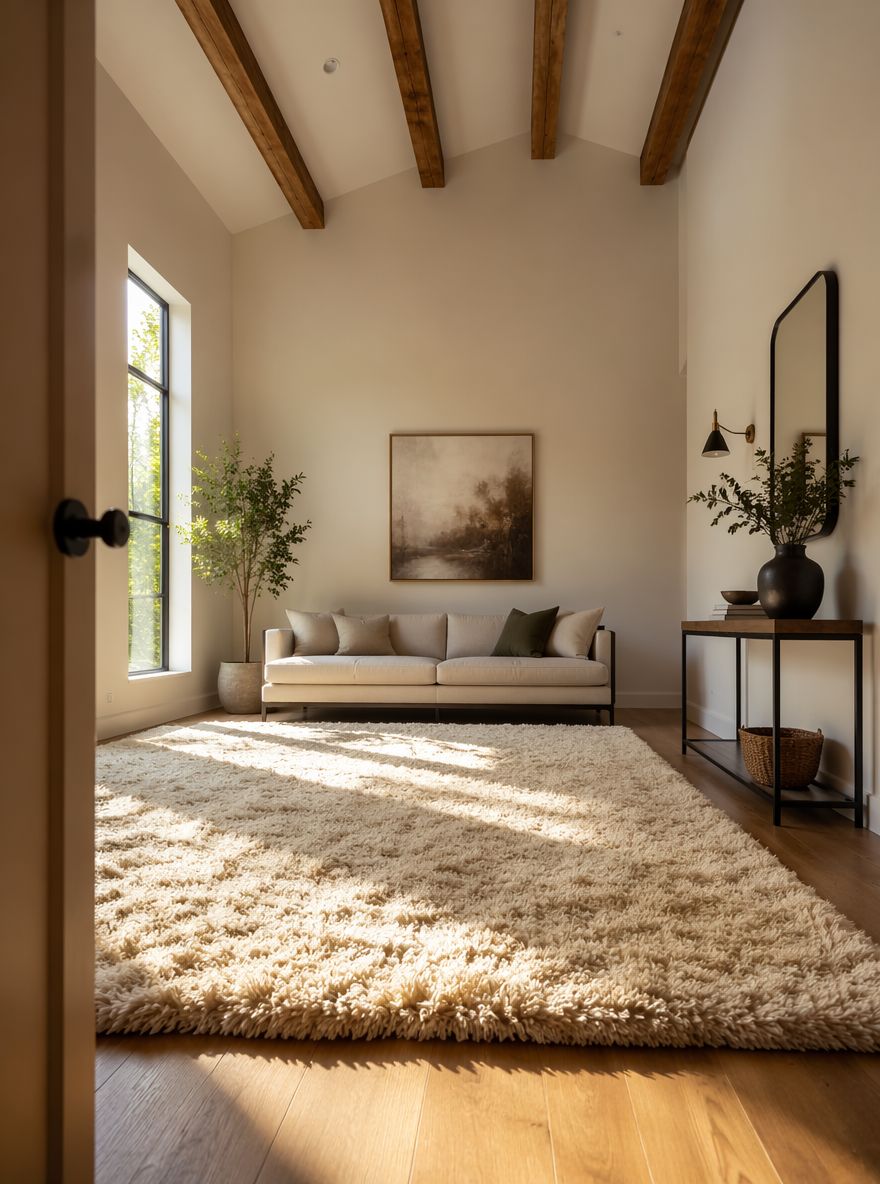 Tappeto shag color crema sotto un divano, soffitto alto incorniciato
