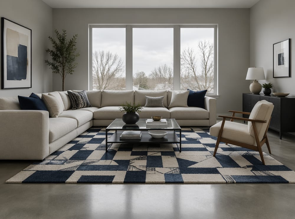 Tappeto blu navy geometrico che dà stabilità a un divano angolare