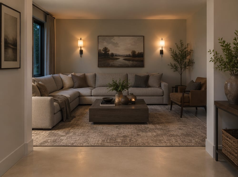 Tappeto taupe a pelo corto sotto divano ad angolo, luce da applique