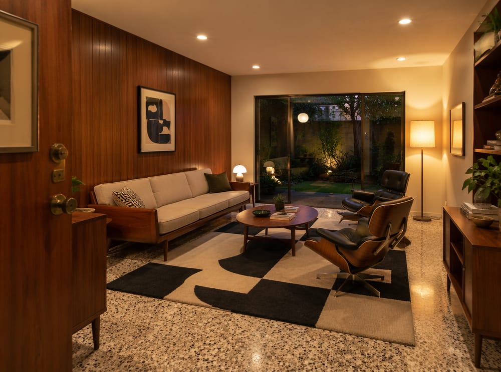 Tappeto geometrico nero e crema in arredo mid-century