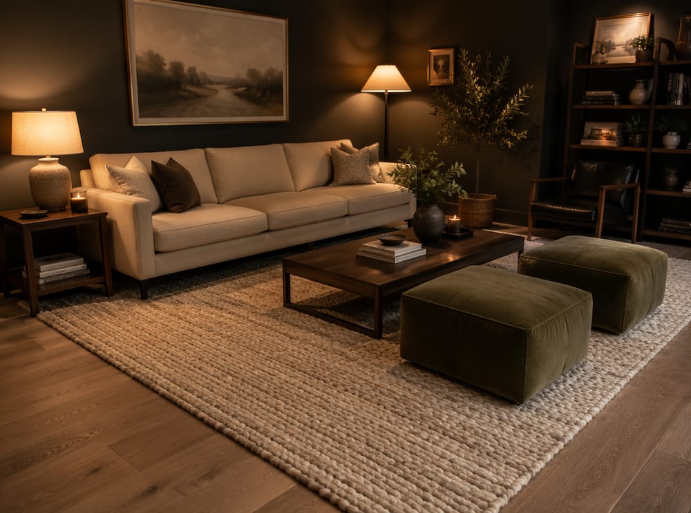 Tappeto spesso intrecciato a mano, pouf in velluto, pareti antracite
