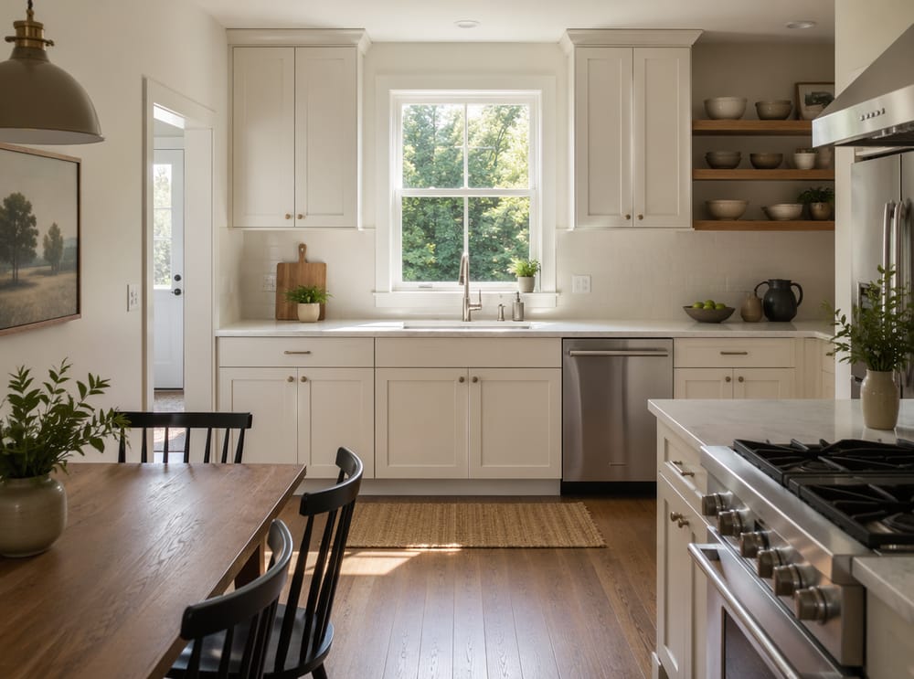 Fregadero bajo encimera centrado debajo de la ventana de la cocina