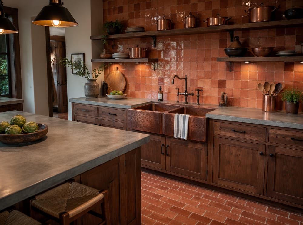 Fregadero farmhouse de cobre martillado con grifo tipo puente