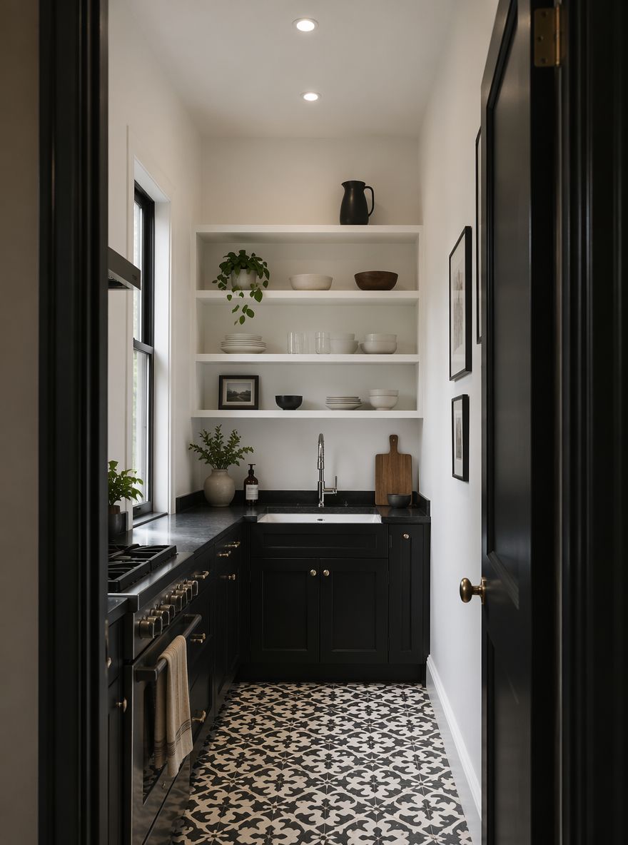 Fregadero profundo de porcelana junto a encimera de granito negro