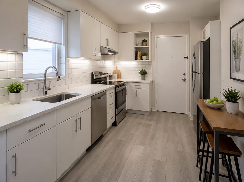 Fregadero bajo encimera compacto en cocina de apartamento pequeño