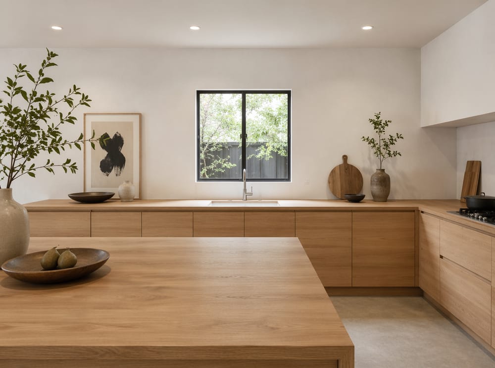 Fregadero cerámico minimalista en cocina Japandi de roble
