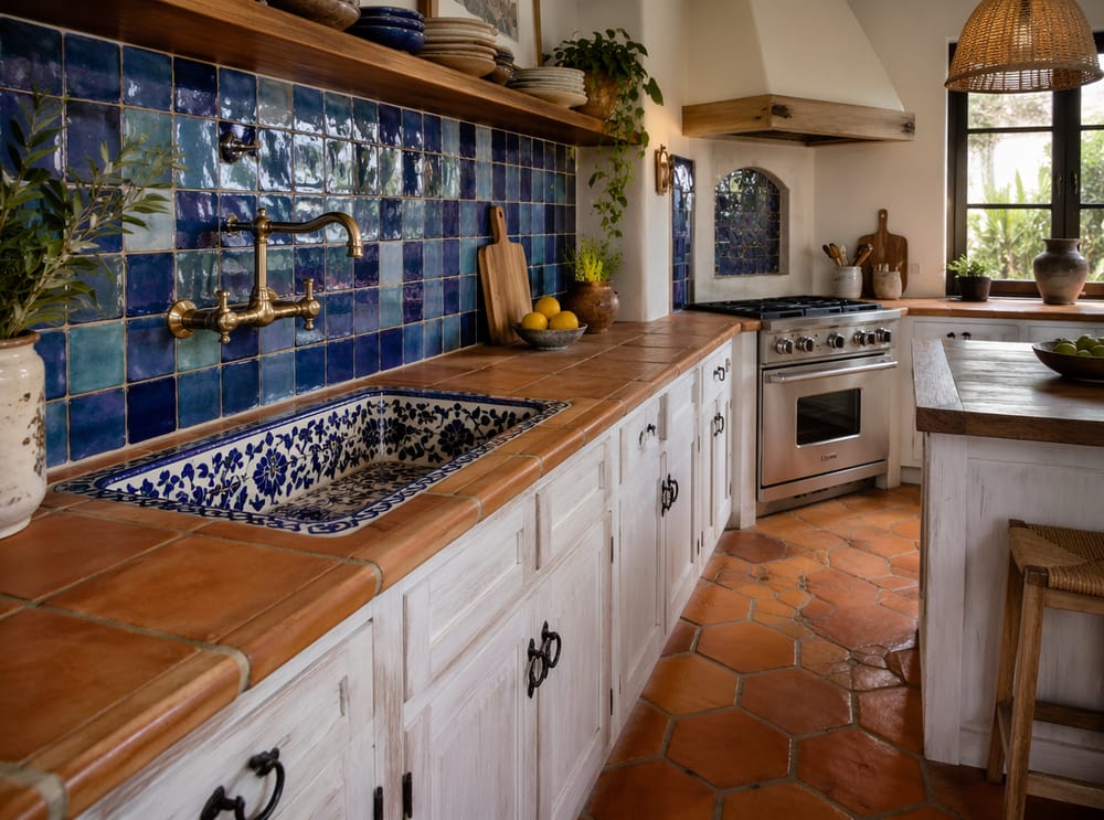 Fregadero cerámico pintado a mano en cocina mediterránea