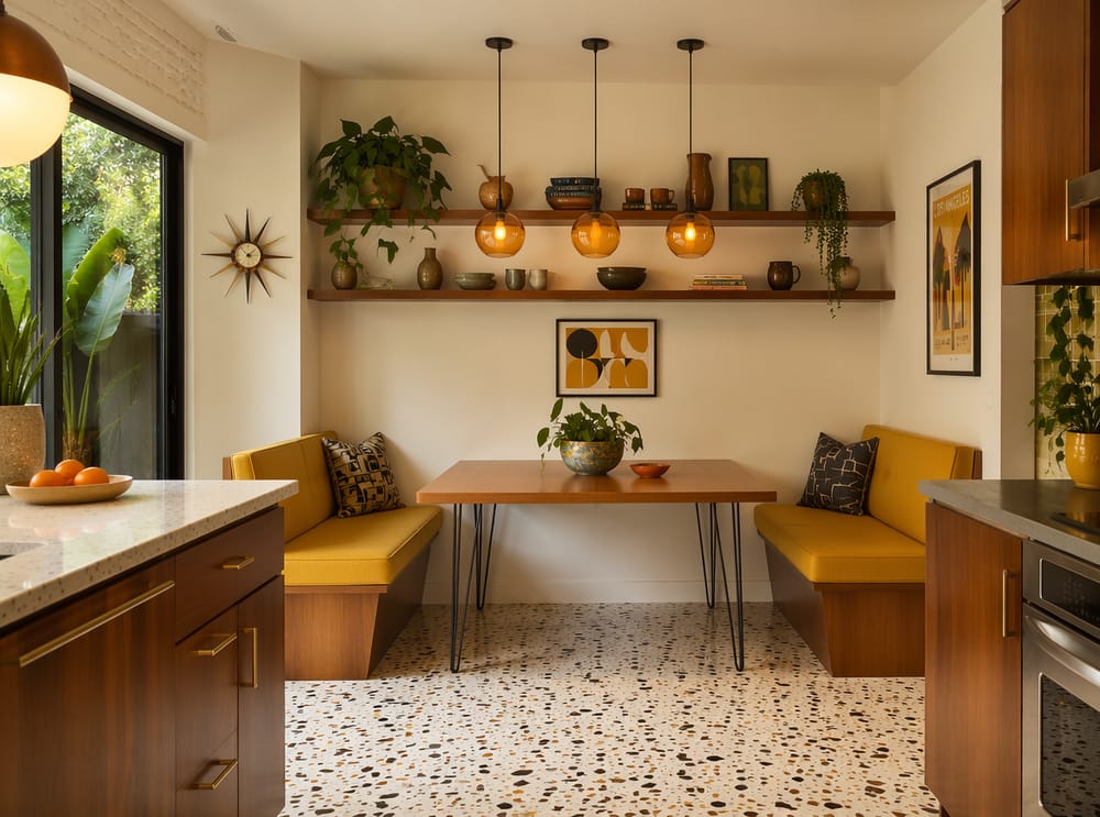 Rincón mid-century con mesa de teca y terrazo