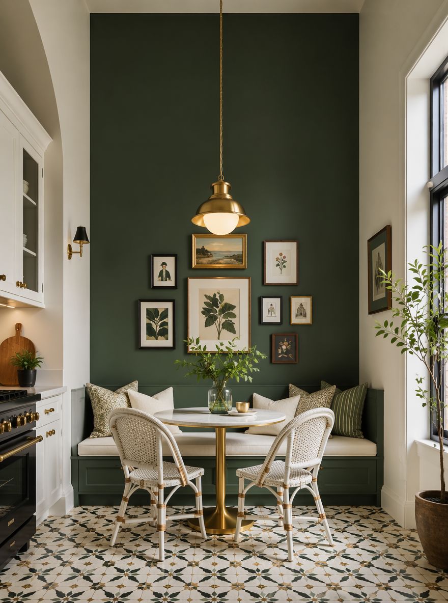 Pared de acento verde oscuro con mesa de patas de latón