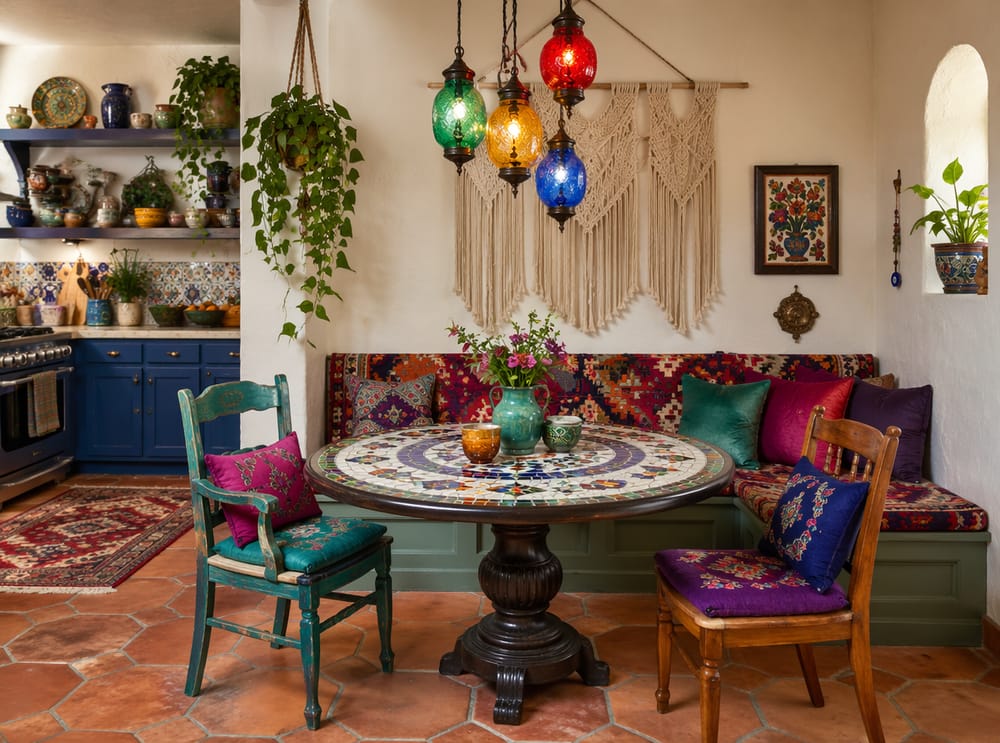 Rincón bohemio con mesa mosaico y kilim