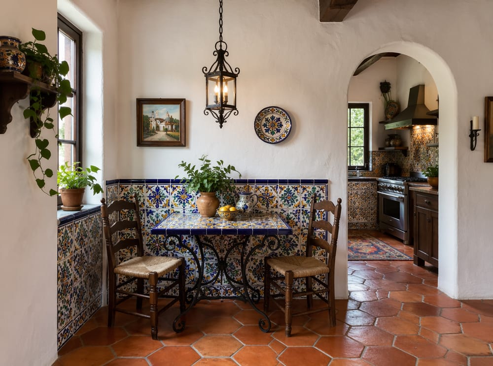 Rincón revival español con pared de azulejos Talavera