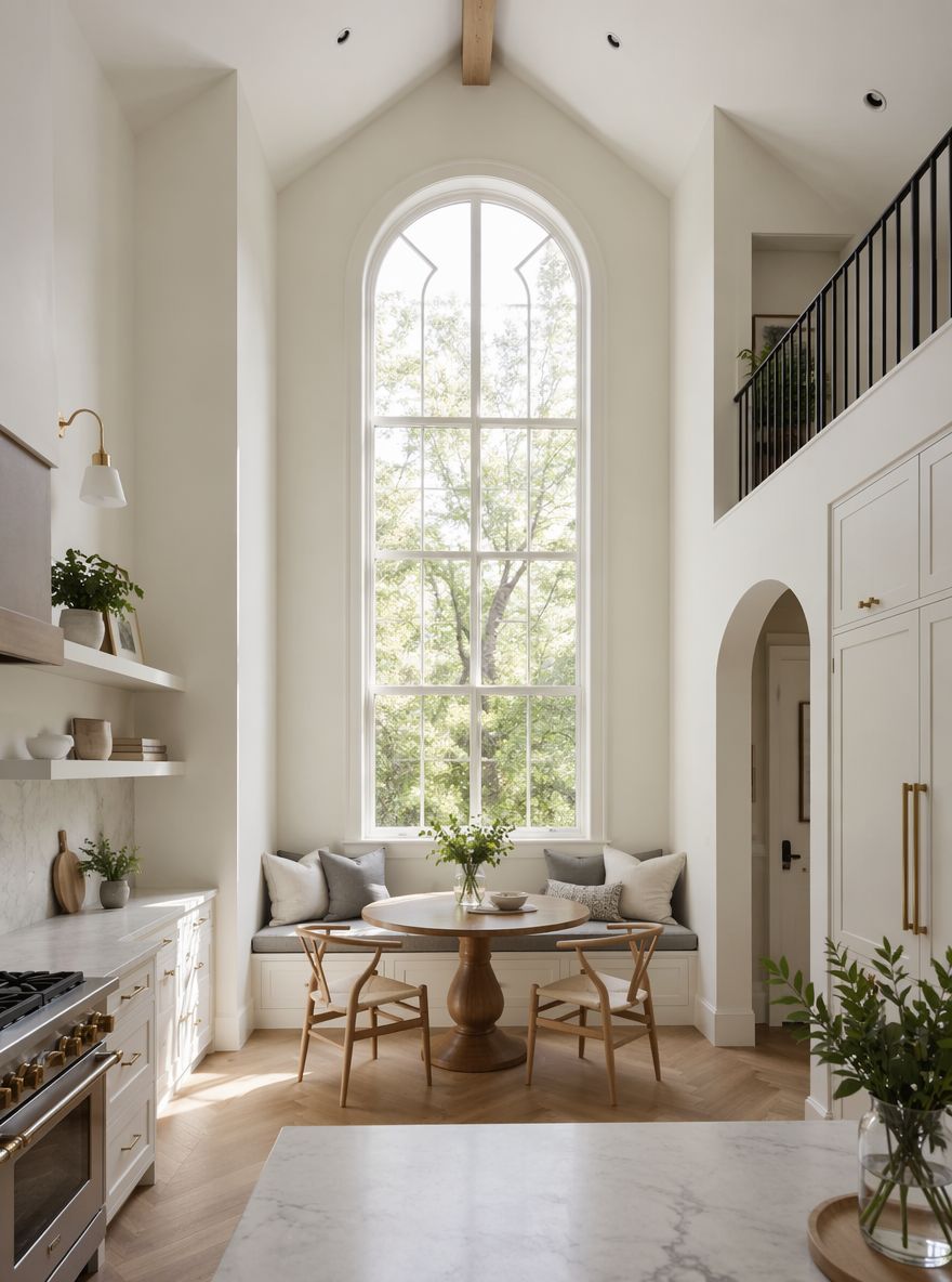 Rincón con ventana arqueada y sillas wishbone