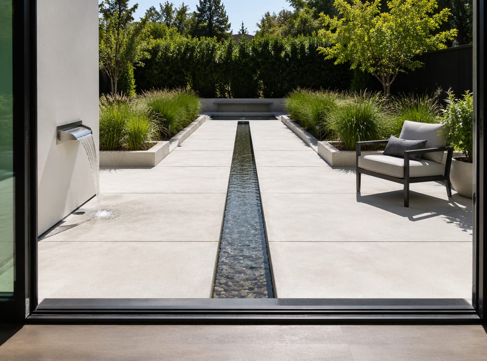 Lineair beekje door modern terras van beton