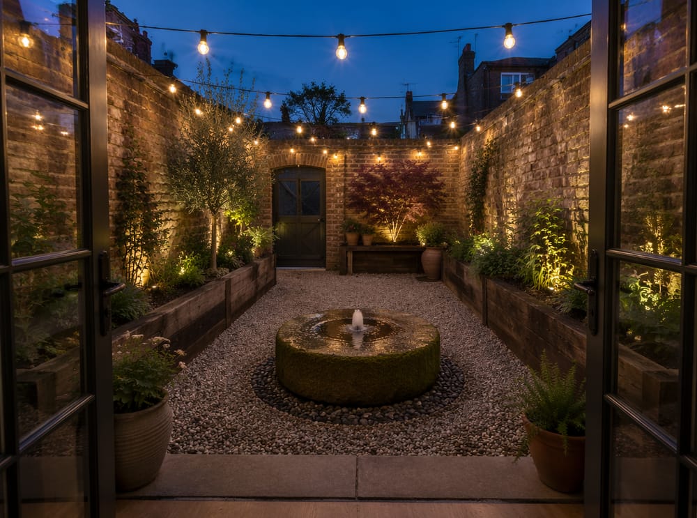 Molensteen fontein met verlichting onder slingers