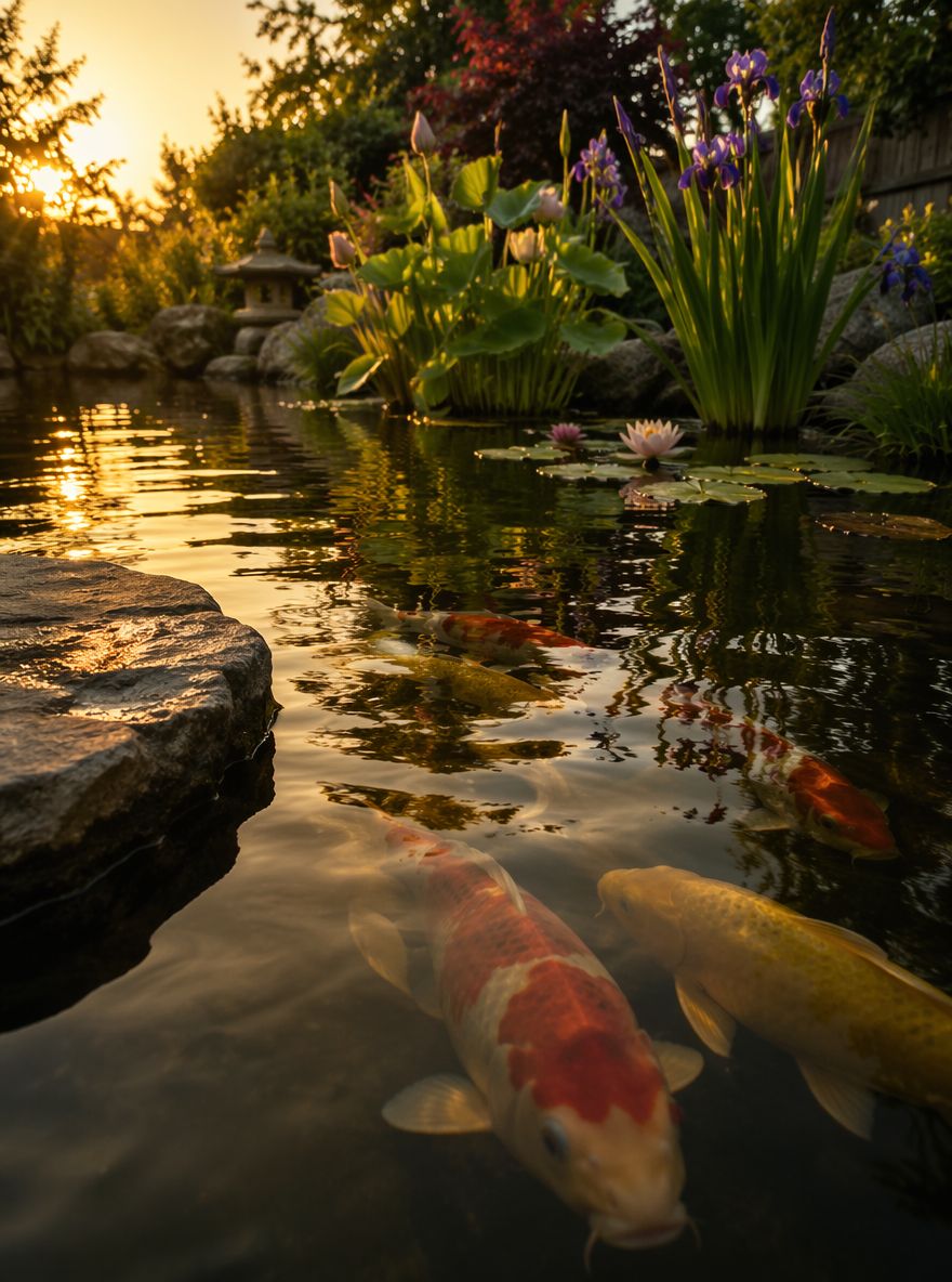 Koi zichtbaar onder lotusvijver bij gouden uur