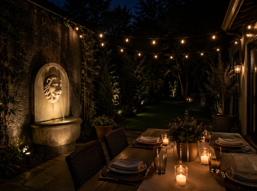 Leeuwenkop wandtuit verlicht met spot in avond