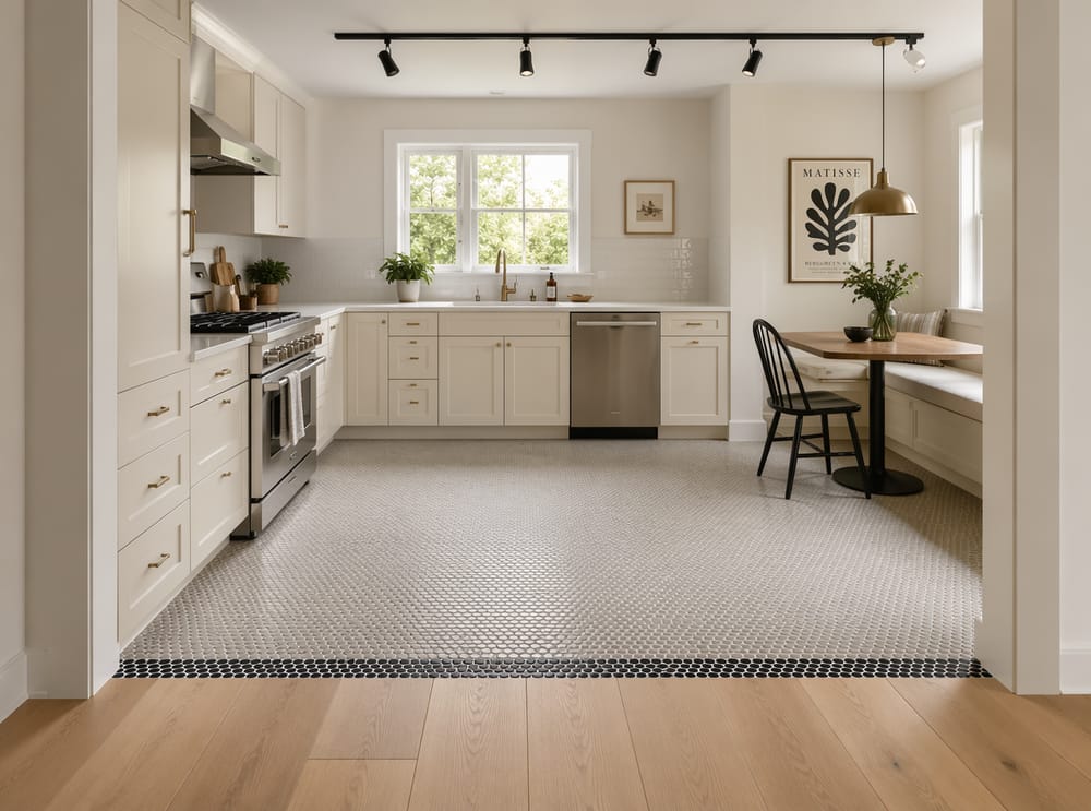 Mosaico penny-round junto a roble blanco