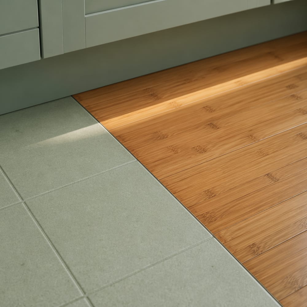 Unión a ras entre baldosa salvia y bambú