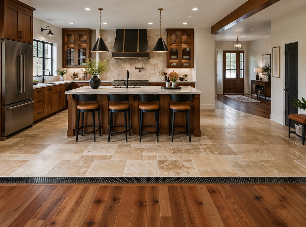 Fila de penny-round negra delimitando piedra caliza y pecan