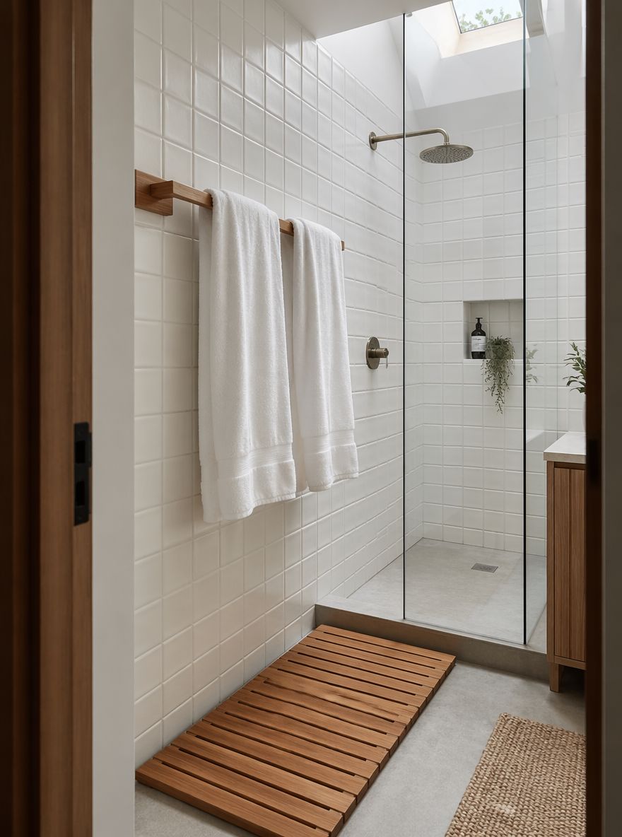 Barra in teak a muro vicino alla doccia walk-in