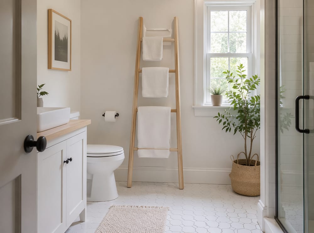 Scala in frassino in bagno bianco stile scandinavo