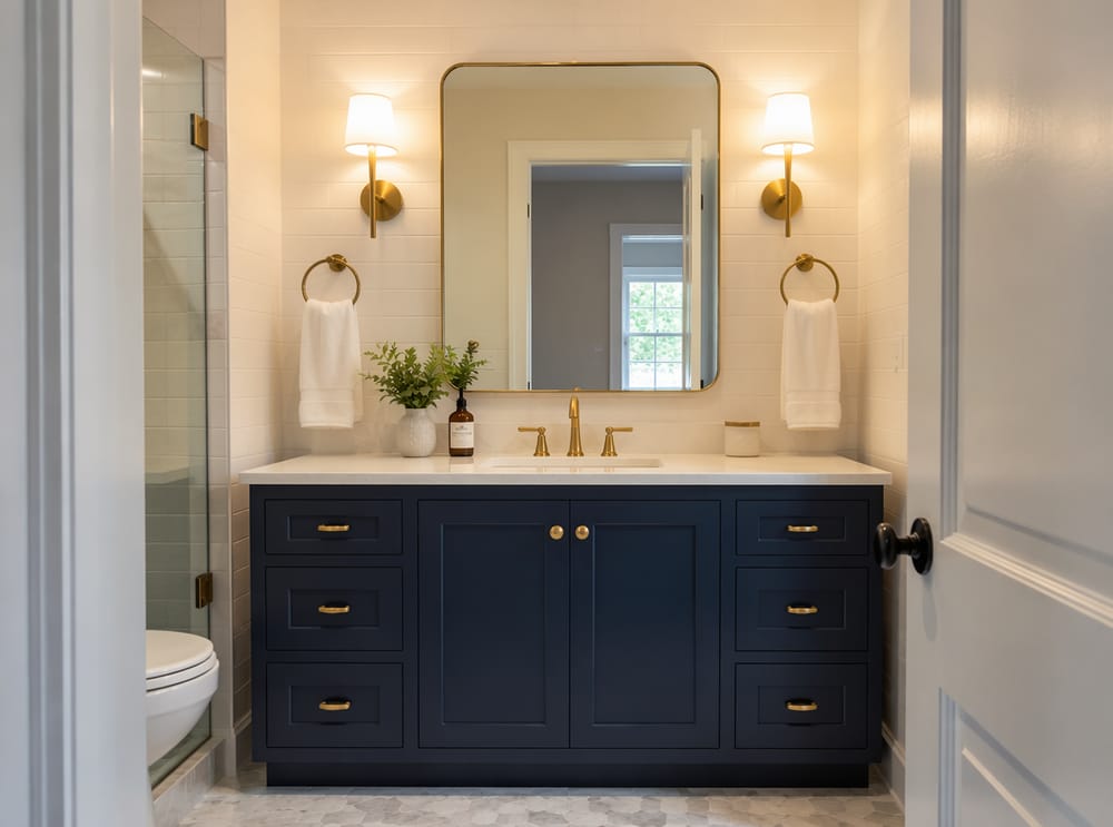 Anelli simmetrici oro ai lati dello specchio lavabo