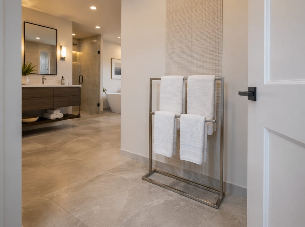 Portasciugamani autoportante accanto alla porta del bagno