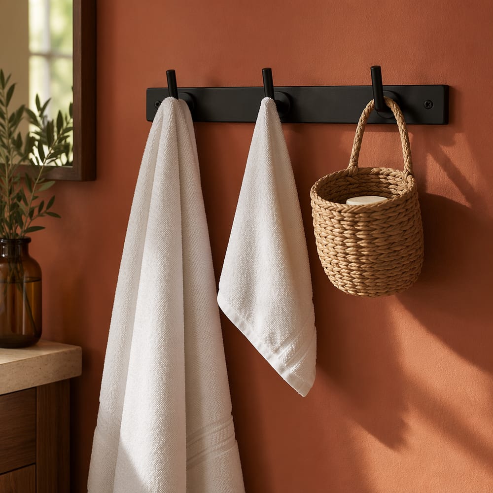 Ganci nero opaco su parete bagno terracotta