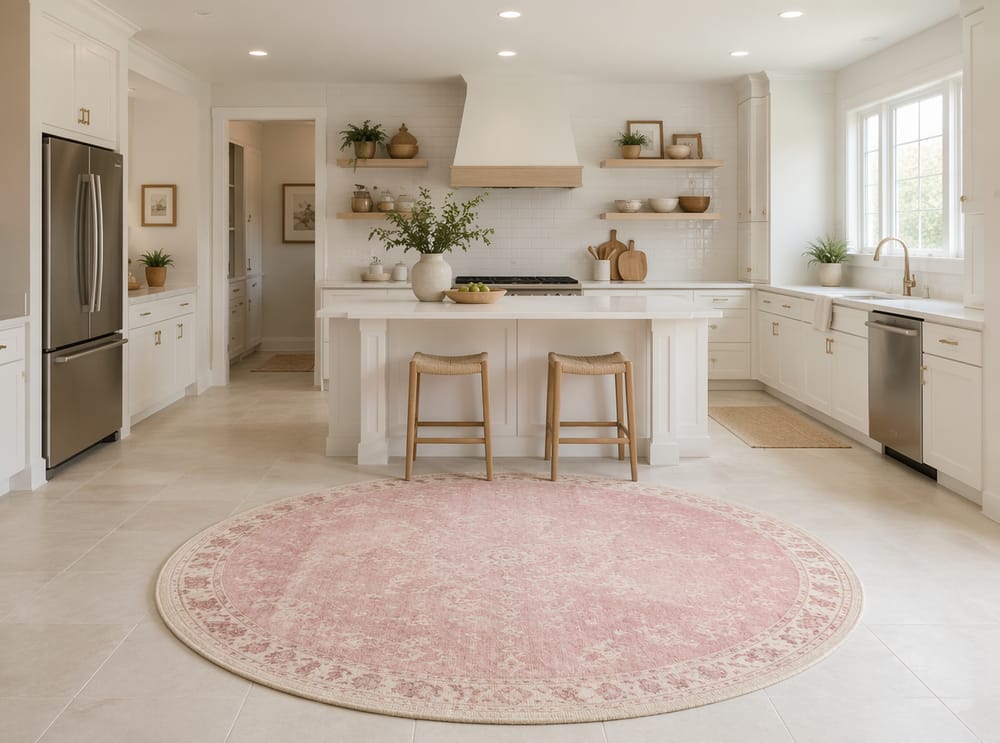 Alfombra redonda rosa suave al centro de una cocina blanca