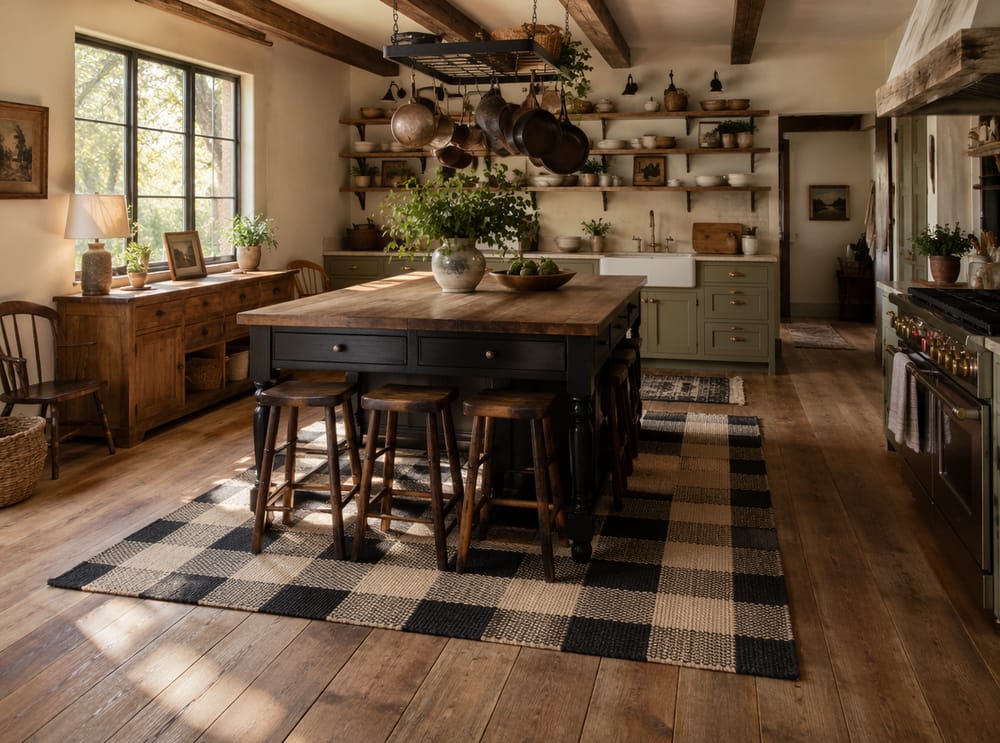 Alfombra de cuadros grandes enmarcando las patas de una isla de cocina granja