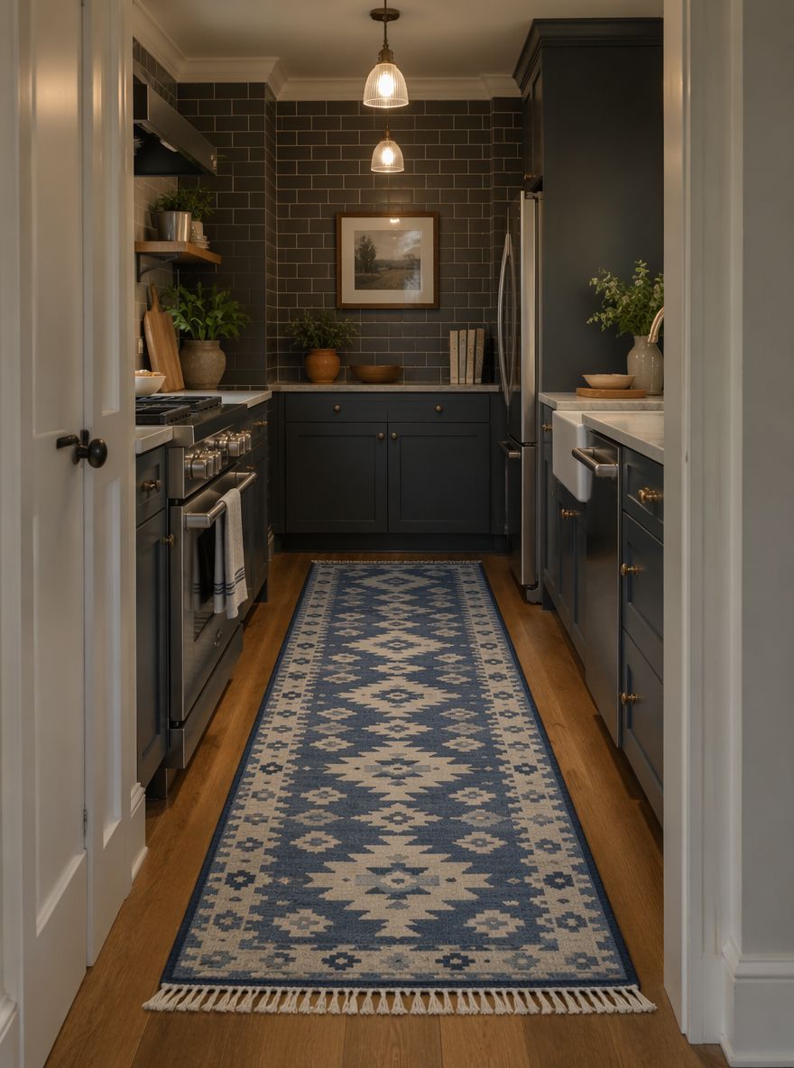 Camino plano estilo kilim en una cocina pasillo compacta