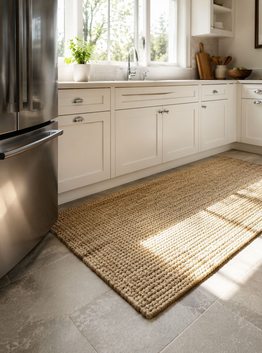 Alfombra plana tipo sisal recibiendo la luz matinal en el fregadero