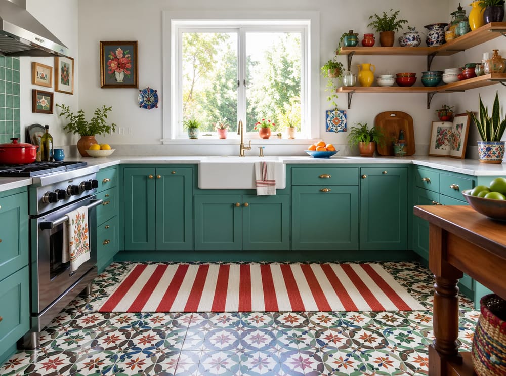 Raya roja intensa protegiendo azulejo de cemento en una cocina azul petróleo