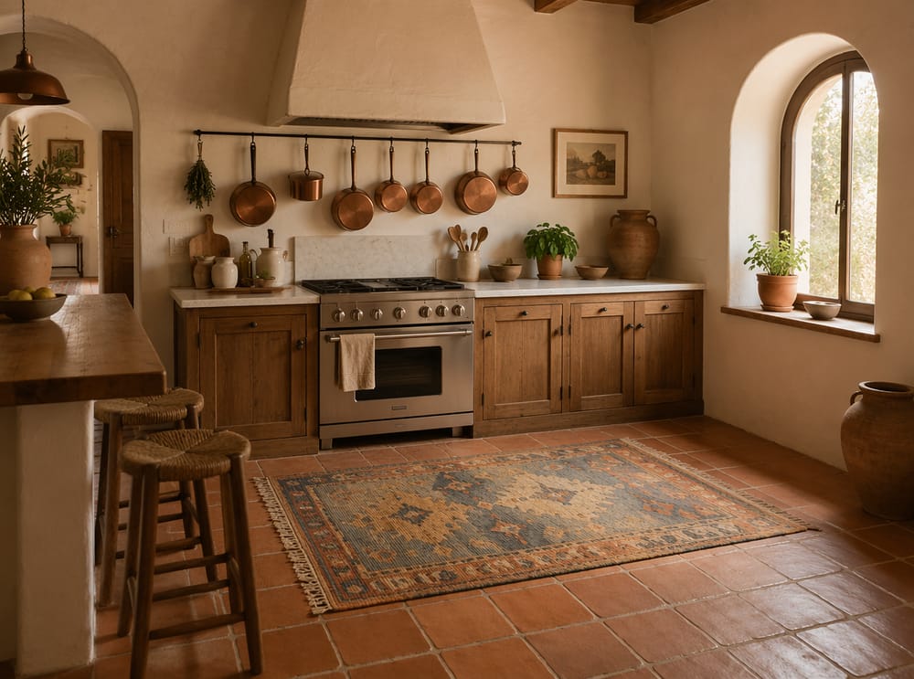 Alfombra plana kilim sobre suelo de terracota en cocina mediterránea