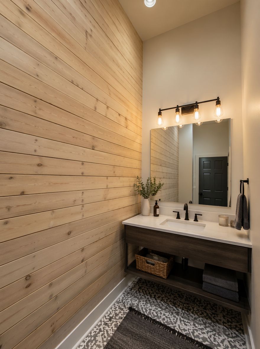 Shiplap de madera natural de piso a techo junto a lavabo flotante