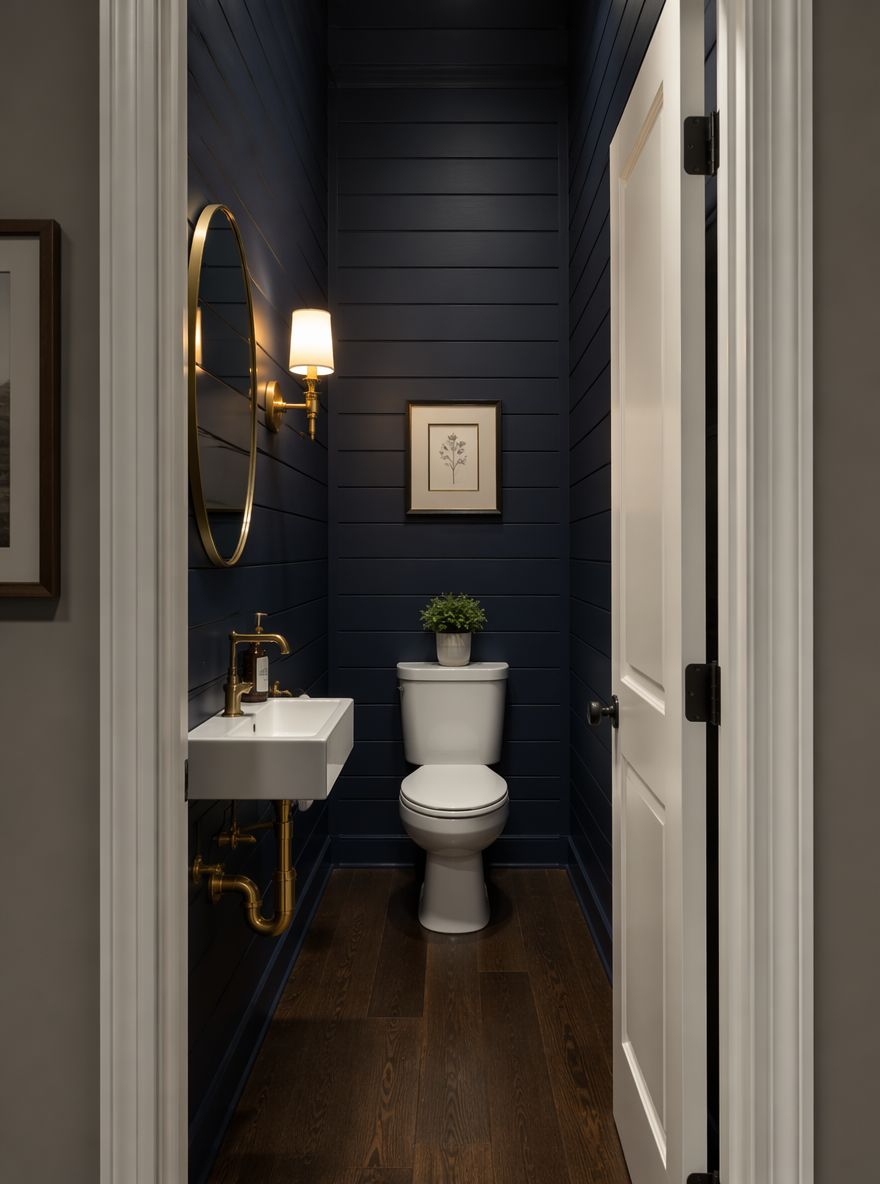 Baño pequeño con shiplap azul marino y detalles en latón