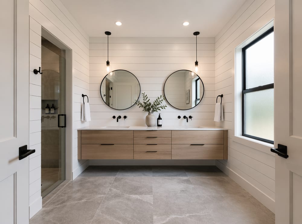 Revestimiento completo de shiplap blanco con doble lavabo flotante