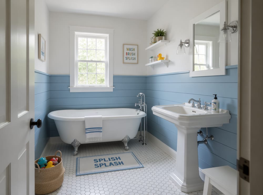 Zócalo de shiplap azul claro en baño infantil
